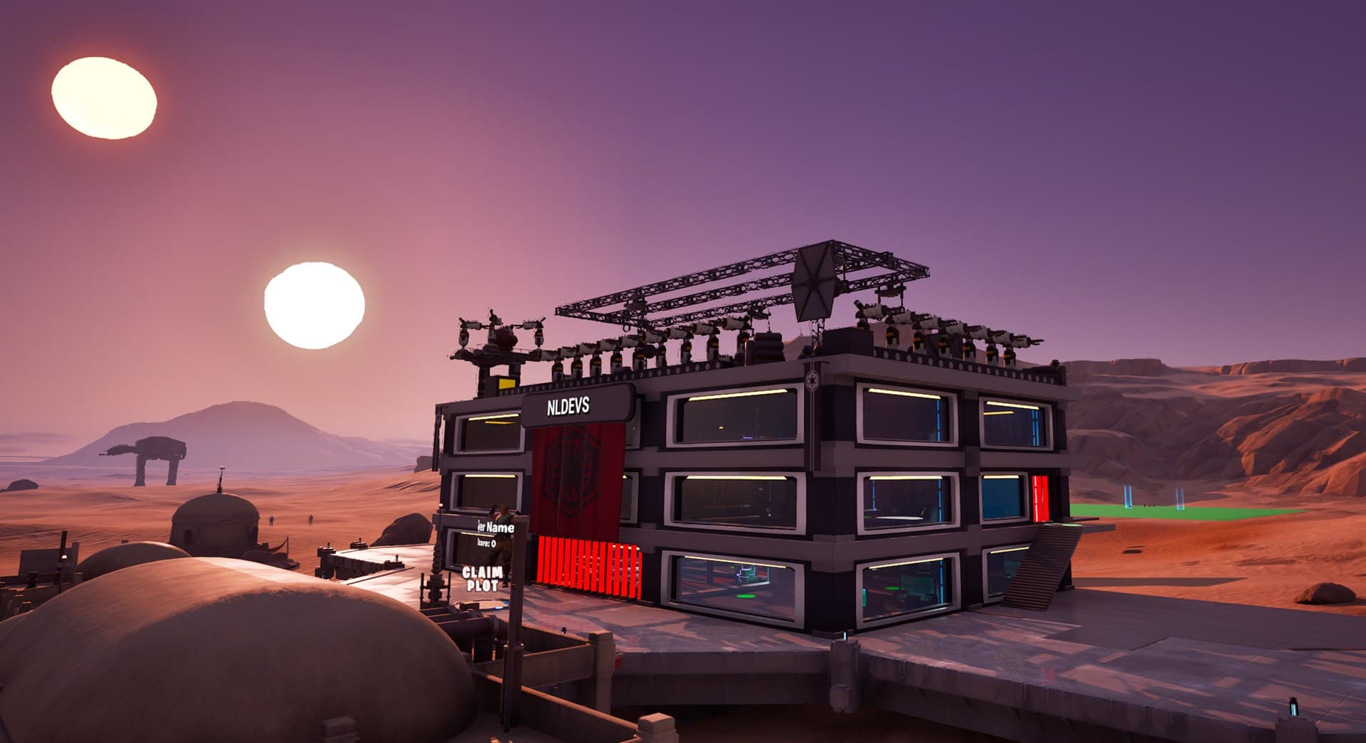 NLDEVS tycoon base in Star Wars Tycoon Sidekick Legends with a Claim Plot sign and rooftop turrets