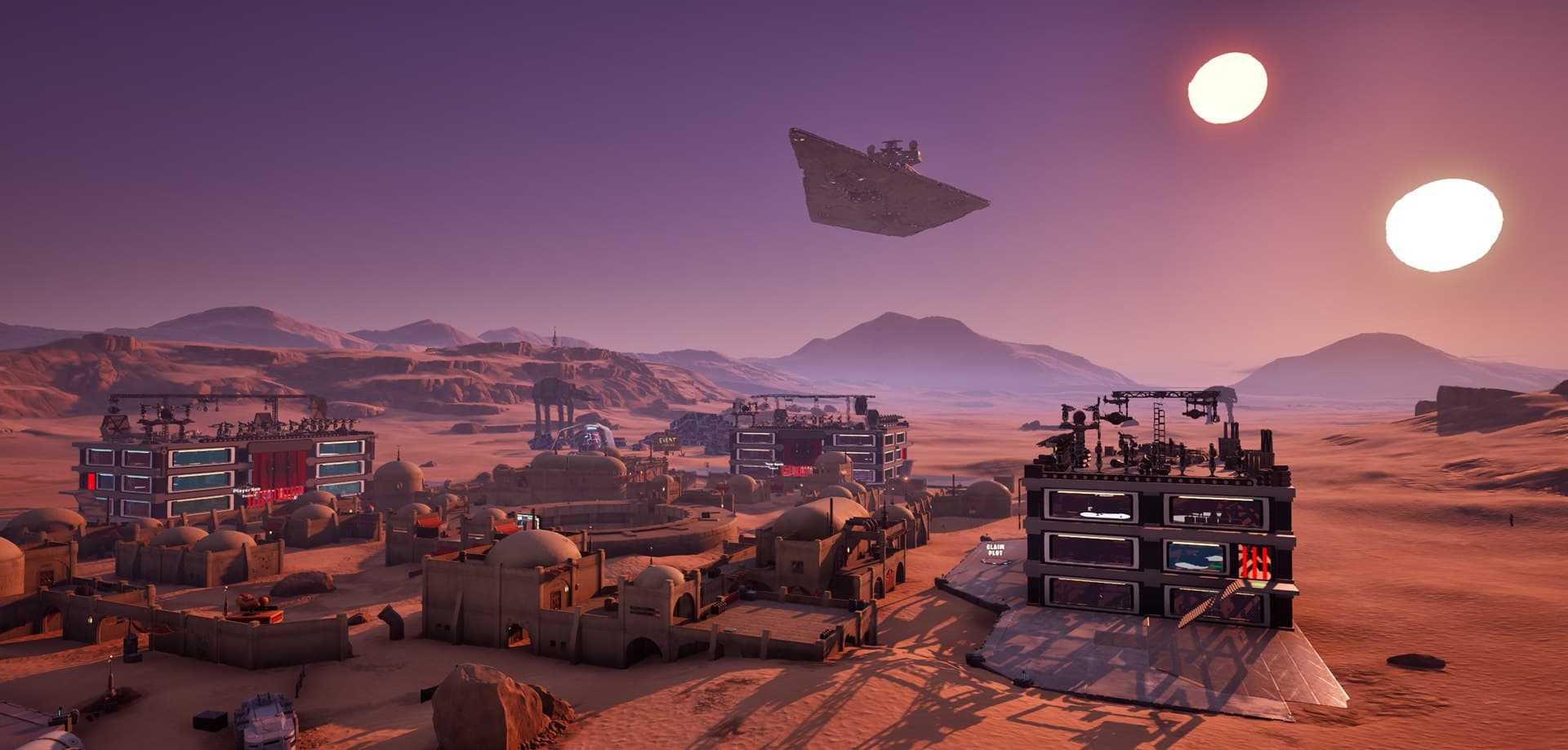 Star Wars Tycoon Sidekick Legends desert tycoon town with an Imperial Star Destroyer overhead and the twin suns setting