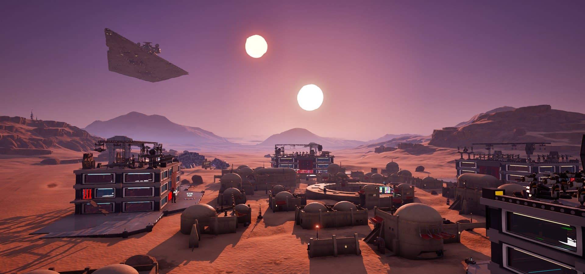 Twin suns over the tycoon plots and desert settlement in Star Wars Tycoon Sidekick Legends