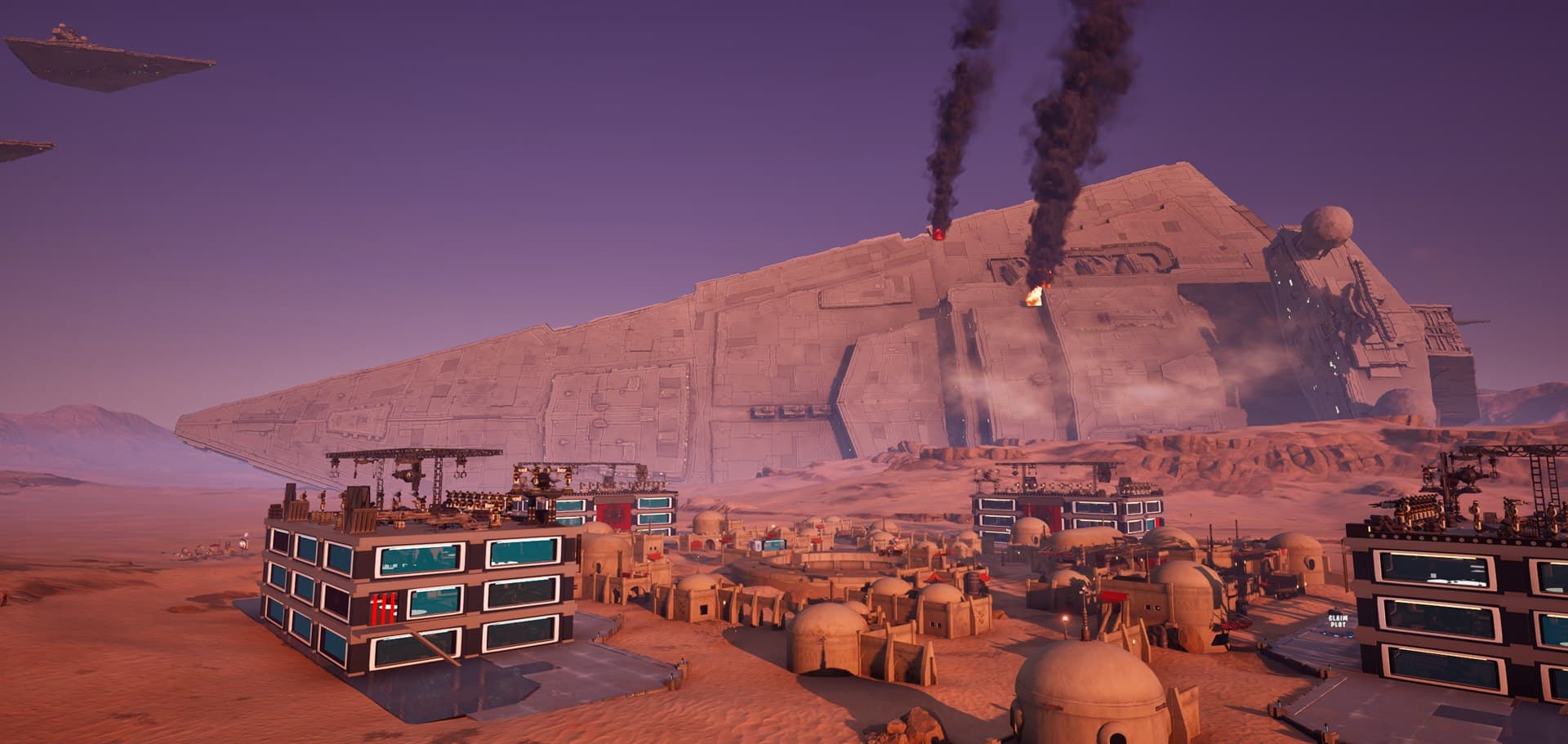 Crashed Star Destroyer smoking behind the tycoon plots in Star Wars Tycoon Sidekick Legends